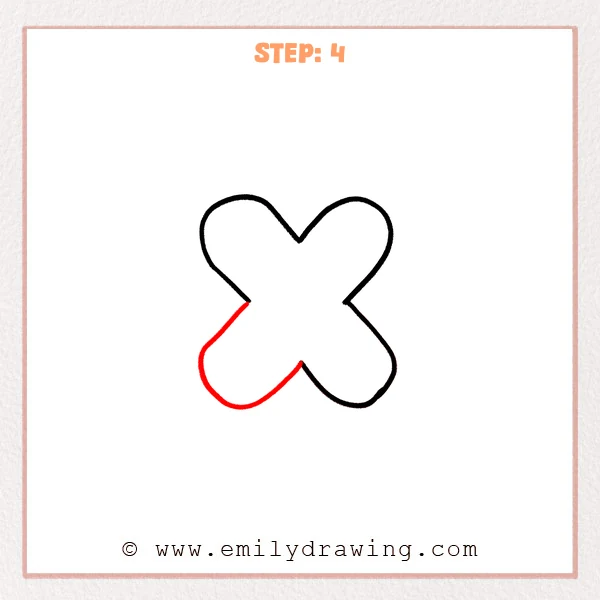 how to draw a bubble letter x - Step 4 of a bubble letter X sketch adds the thick lower-left curved stroke, rounding the bottom and curving back inward to define the X’s crossing notch.